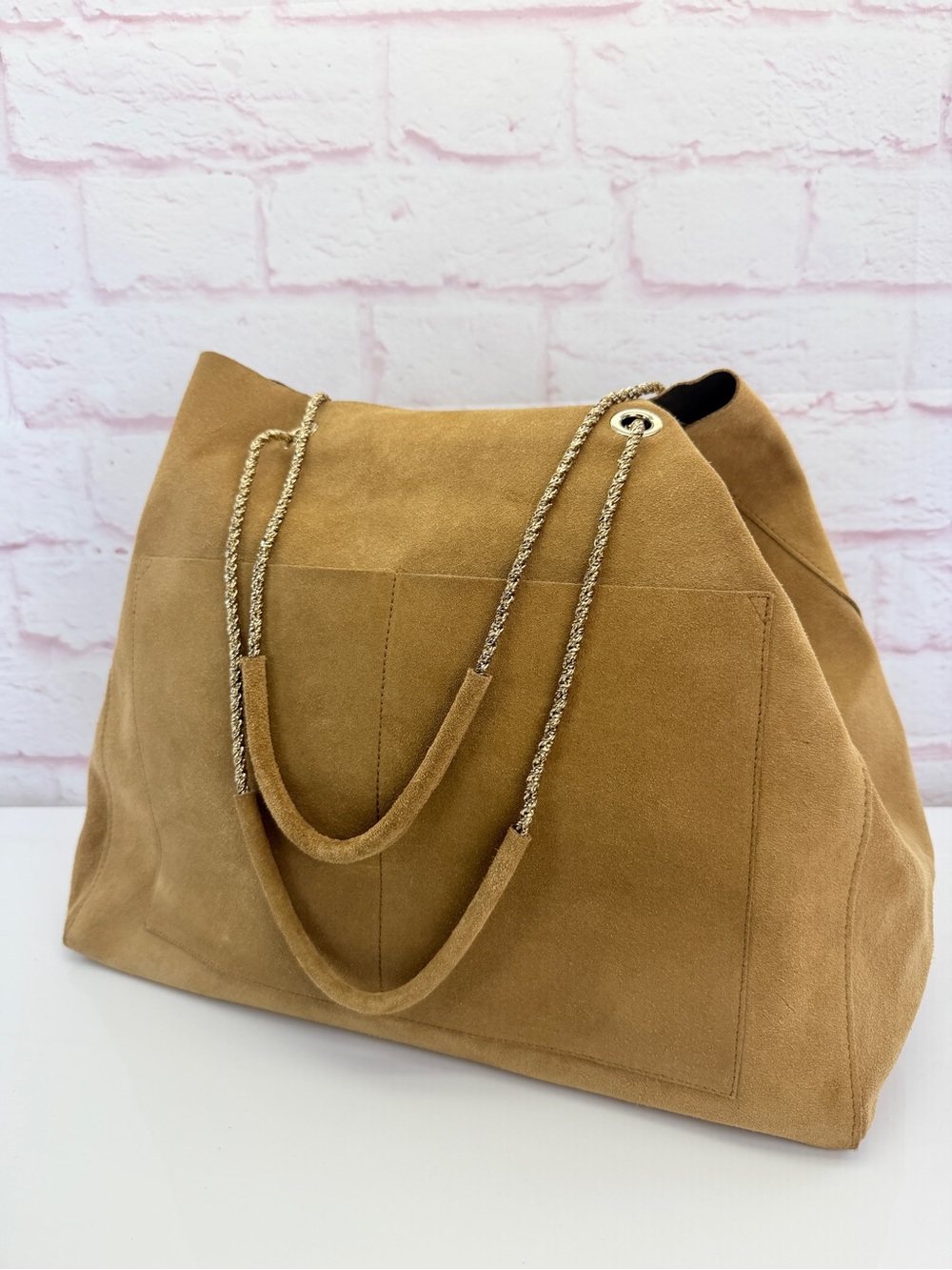 Sezane Large Gaby Suede Tote Bag in Camel - Classic Women’s Shoulder Bag